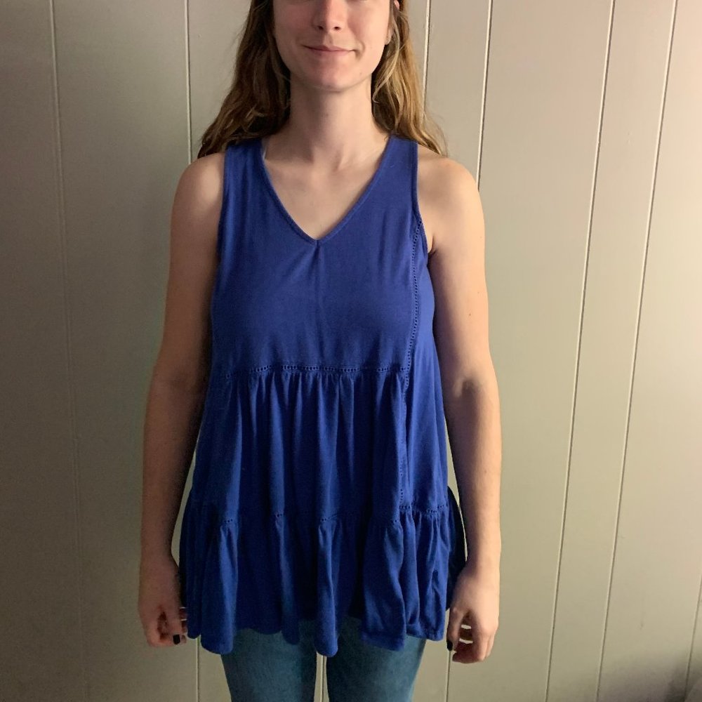 blue flowy sleeveless top